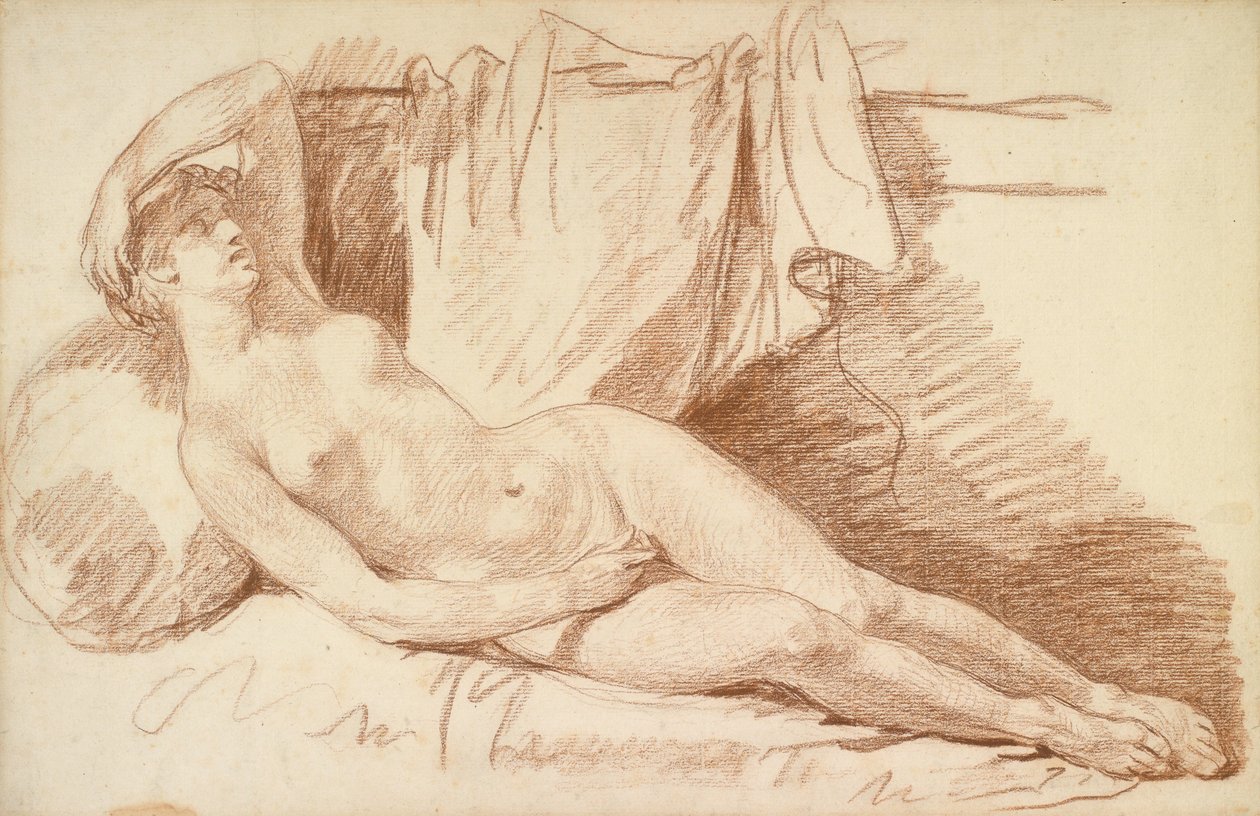 Liggende nøgen kvinde: Studie for Aegina besøgt af Jupiter, ca. 1767 (rødt kridt på lagt papir) af Jean Baptiste Greuze