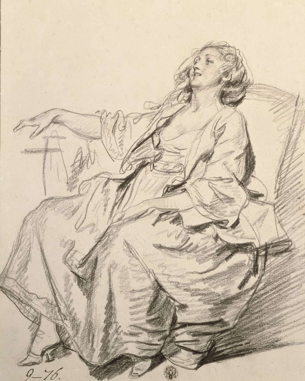 Ung kvinde sidder i en lænestol, ca. 1768-69 (sort kridt) af Jean Baptiste Greuze