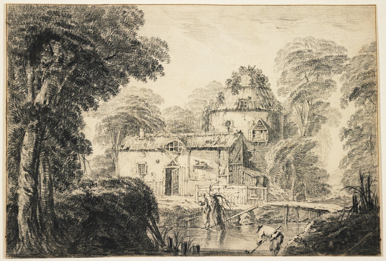 Landskab med sommerhus og bønder, ca. 1770 (sort kridt på cremefarvet papir) af Jean Baptiste Pillement