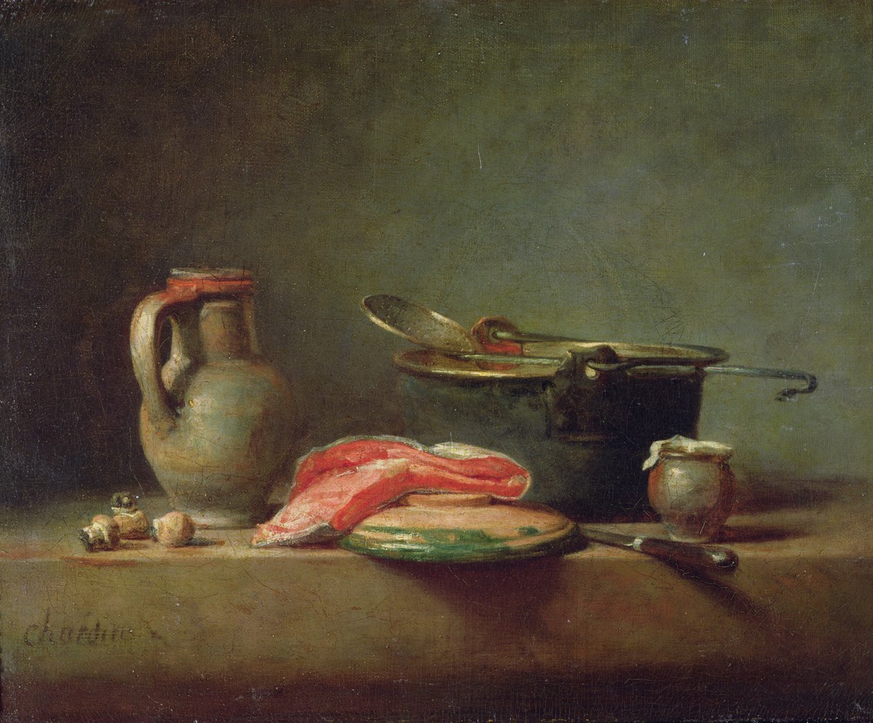 Kobberkedel med en kande og en skive laks (olie) af Jean Baptiste Simeon Chardin