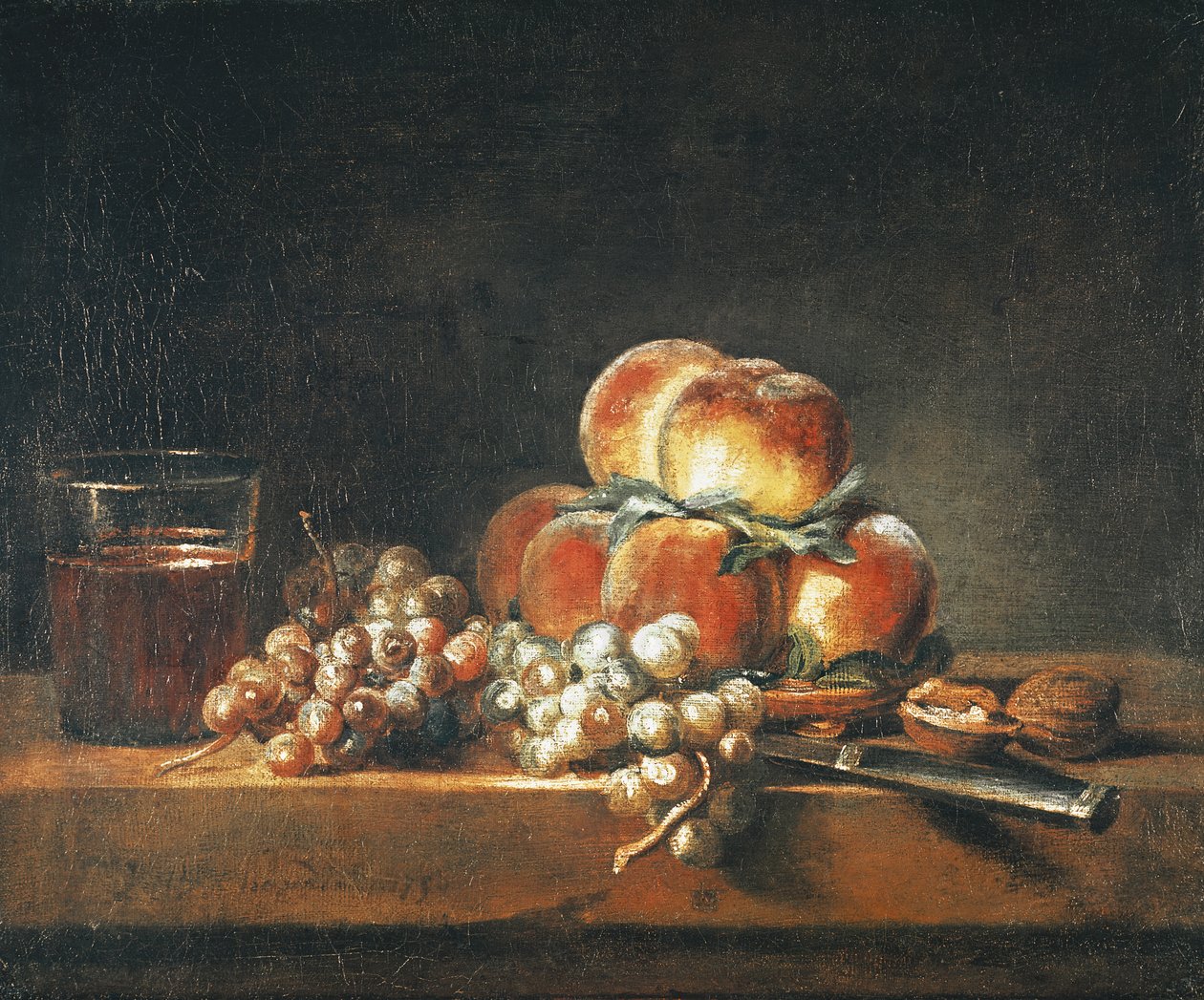 Stilleben af ferskner, nødder, druer og et glas vin, 1758 af Jean Baptiste Simeon Chardin