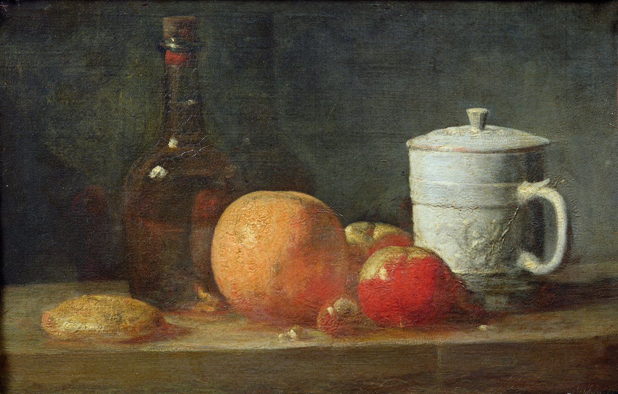 Stilleben med frugt og vinflaske af Jean Baptiste Simeon Chardin