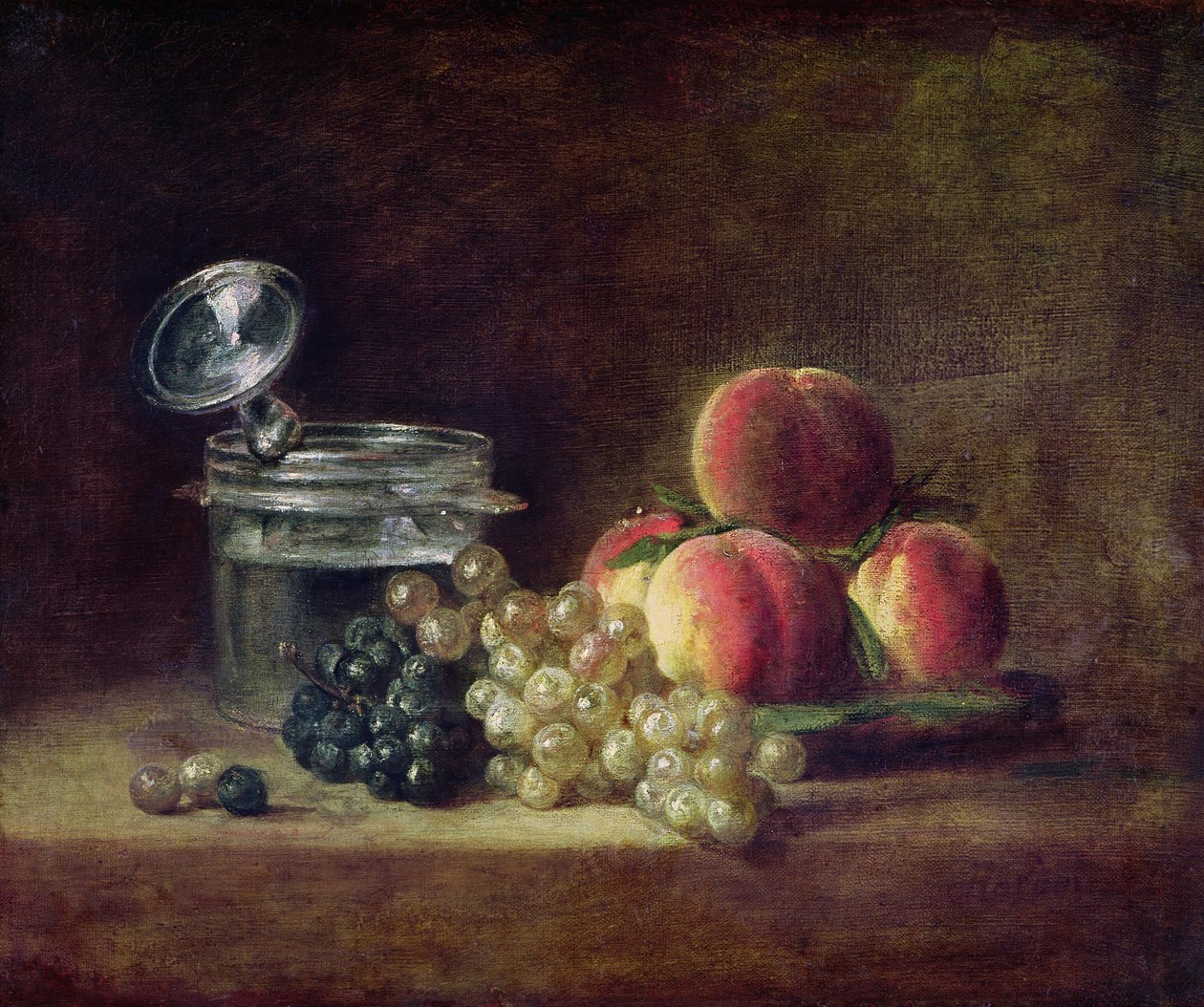 Stilleben med en kurv af ferskner, hvide og sorte druer med køler og vinglas, ca. 1759 af Jean Baptiste Simeon Chardin