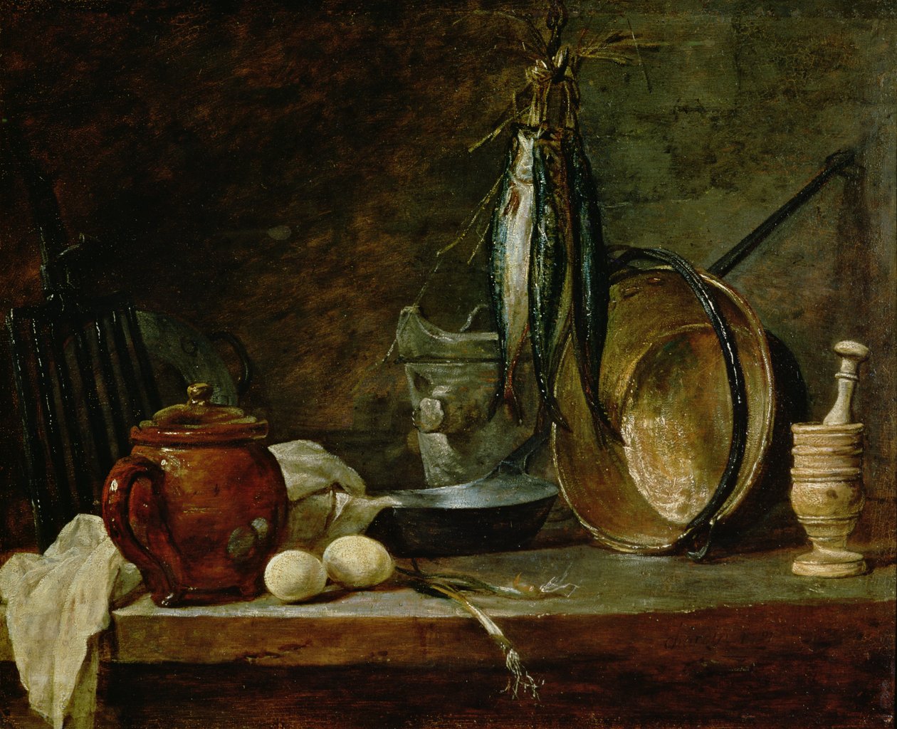 Stilleben: Menu til fastelavn, 1731 (olie på kobber) af Jean Baptiste Simeon Chardin