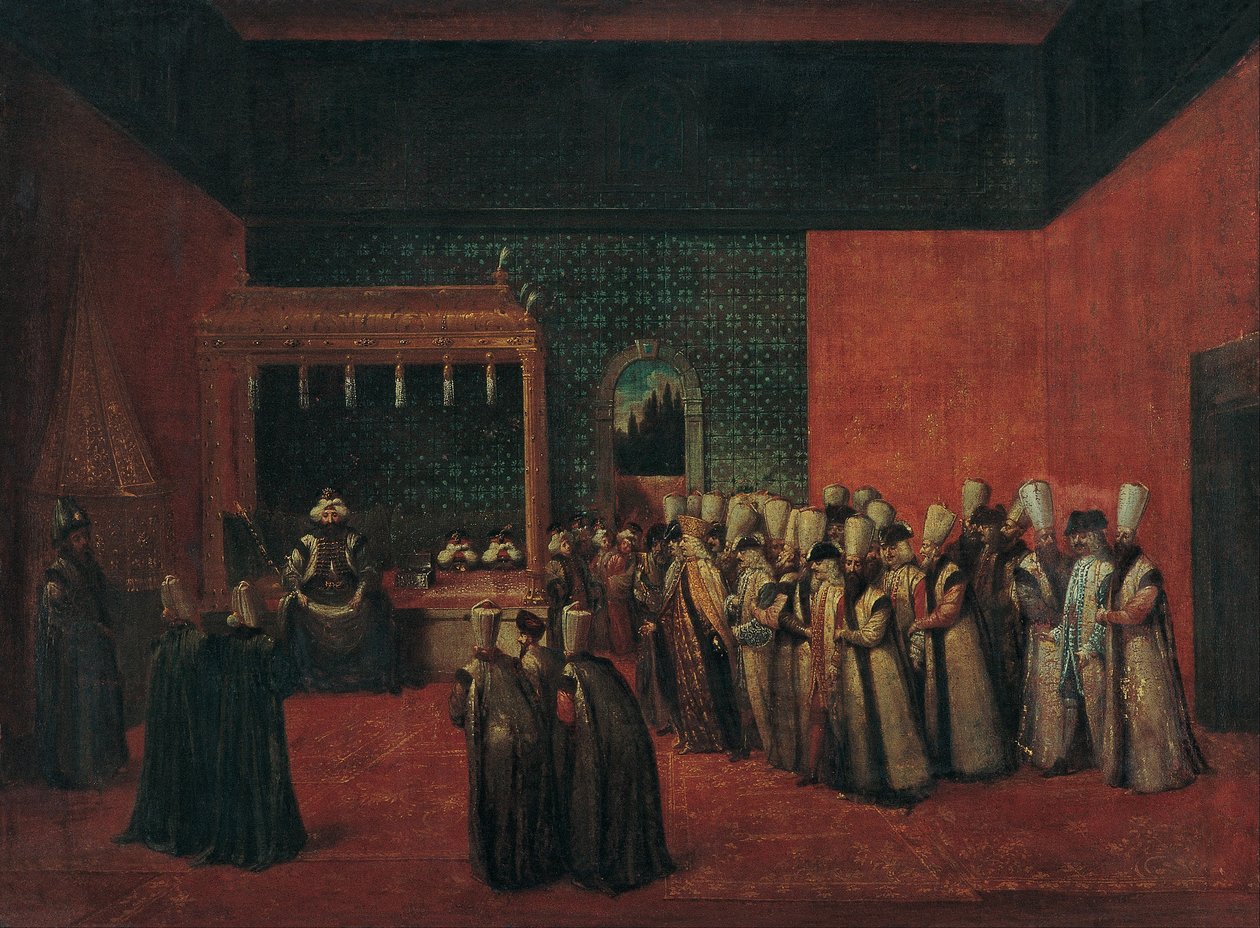Sultan Ahmet III modtager en europæisk ambassadør af Jean Baptiste Vanmour