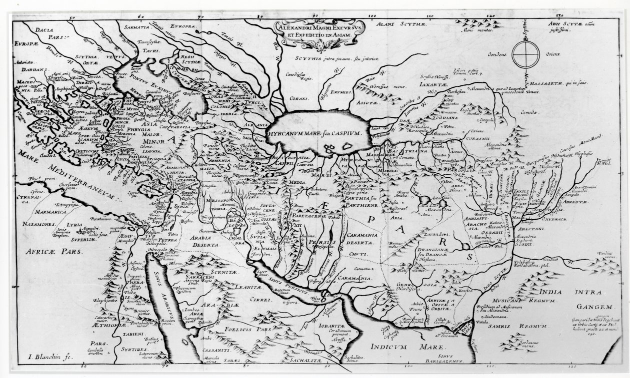 Kort over Alexander den Stores (356-323 f.Kr.) rejser og ekspeditioner i Asien af Jean Blanchin