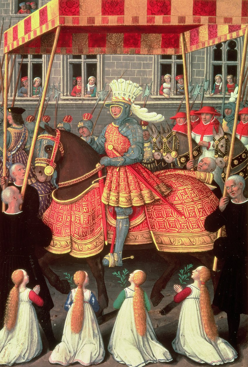 Ludvig XII (1462-1515) på vej ind i Genova under en baldakin, efterfulgt af fire kardinaler, fra 