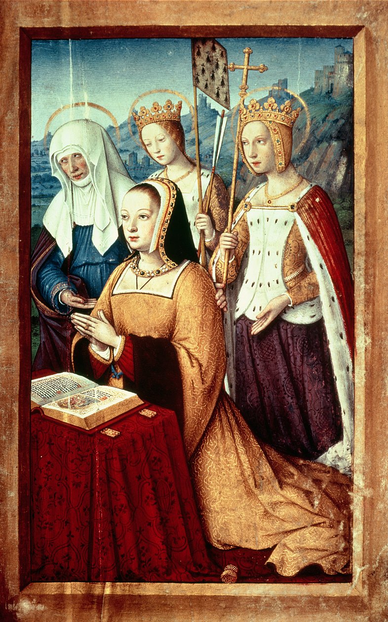 Ms lat 9474 f.3v Anne af Bretagne med St. Anne, St. Ursula og St. Helen, miniature fra Grandes Heures af Anne af Bretagne, c.1503-8 af Jean Bourdichon