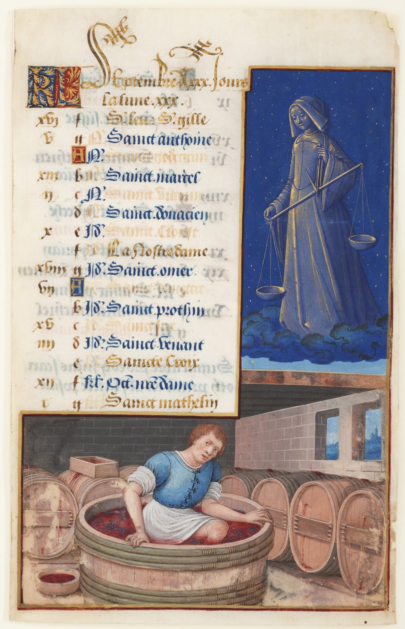 Jomfru og trædende druer, kalender for festdagene, der fejres i september, ca. 1500 af Jean Bourdichon