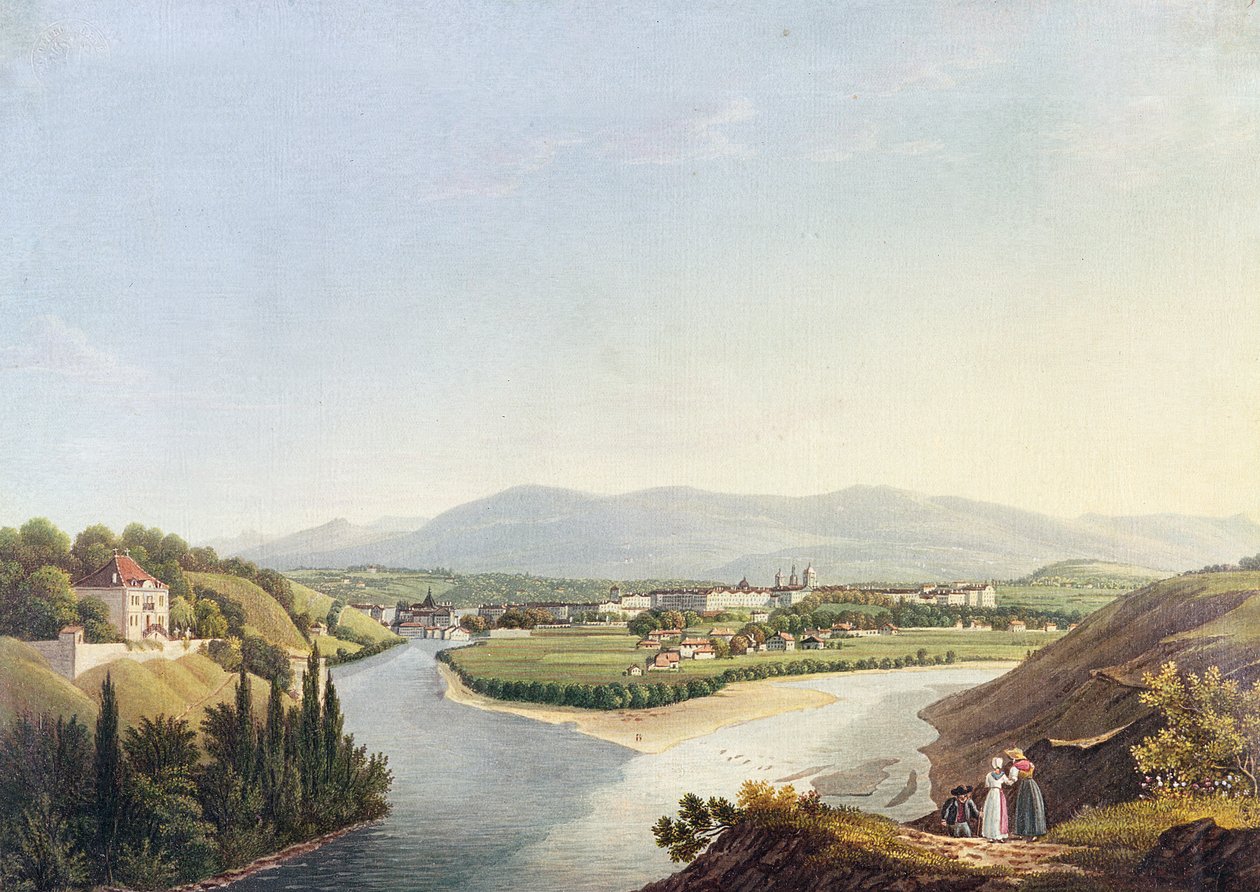 Udsigt over Genève fra sammenløbet af Rhône og Arve, indgraveret af Friedrich Salathe (1793-1860) af Jean Dubois