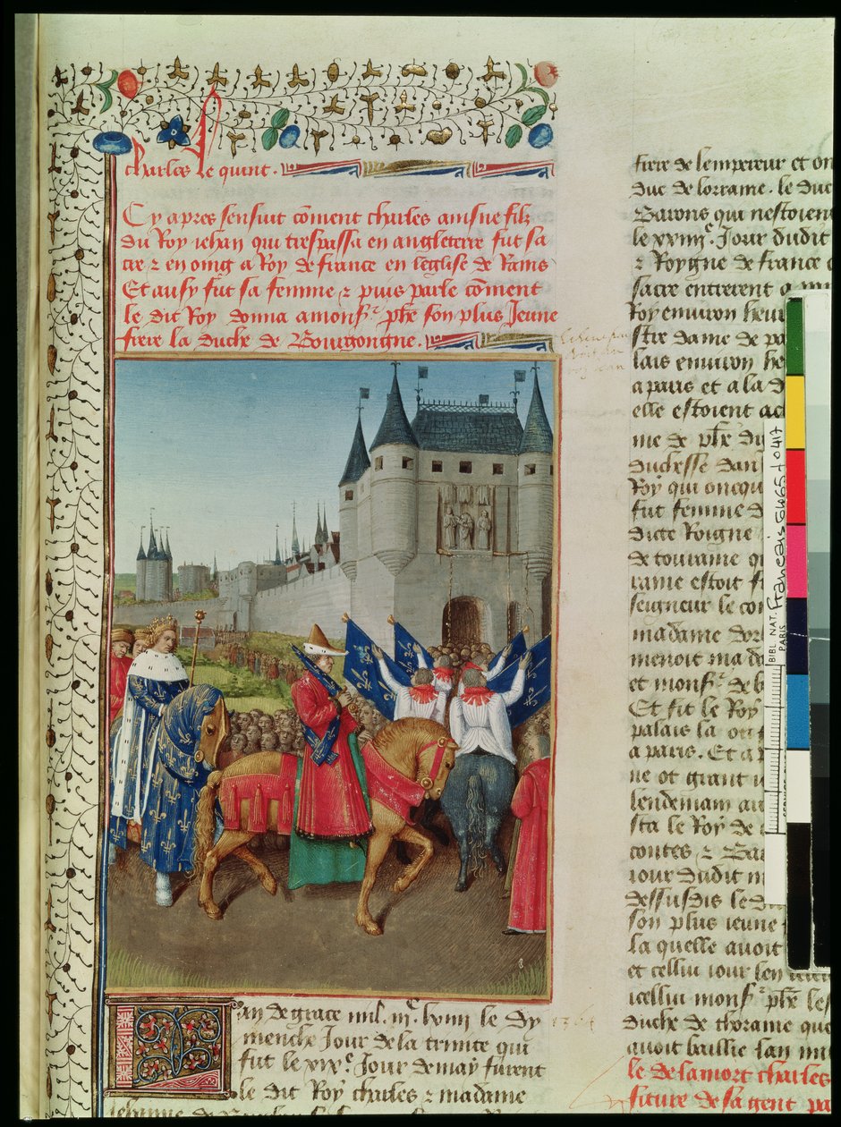 Ms 6465 f.417 Ankomsten af Charles V (1337-80) i Paris, 28. maj 1364, ca. 1460 af Jean Fouquet