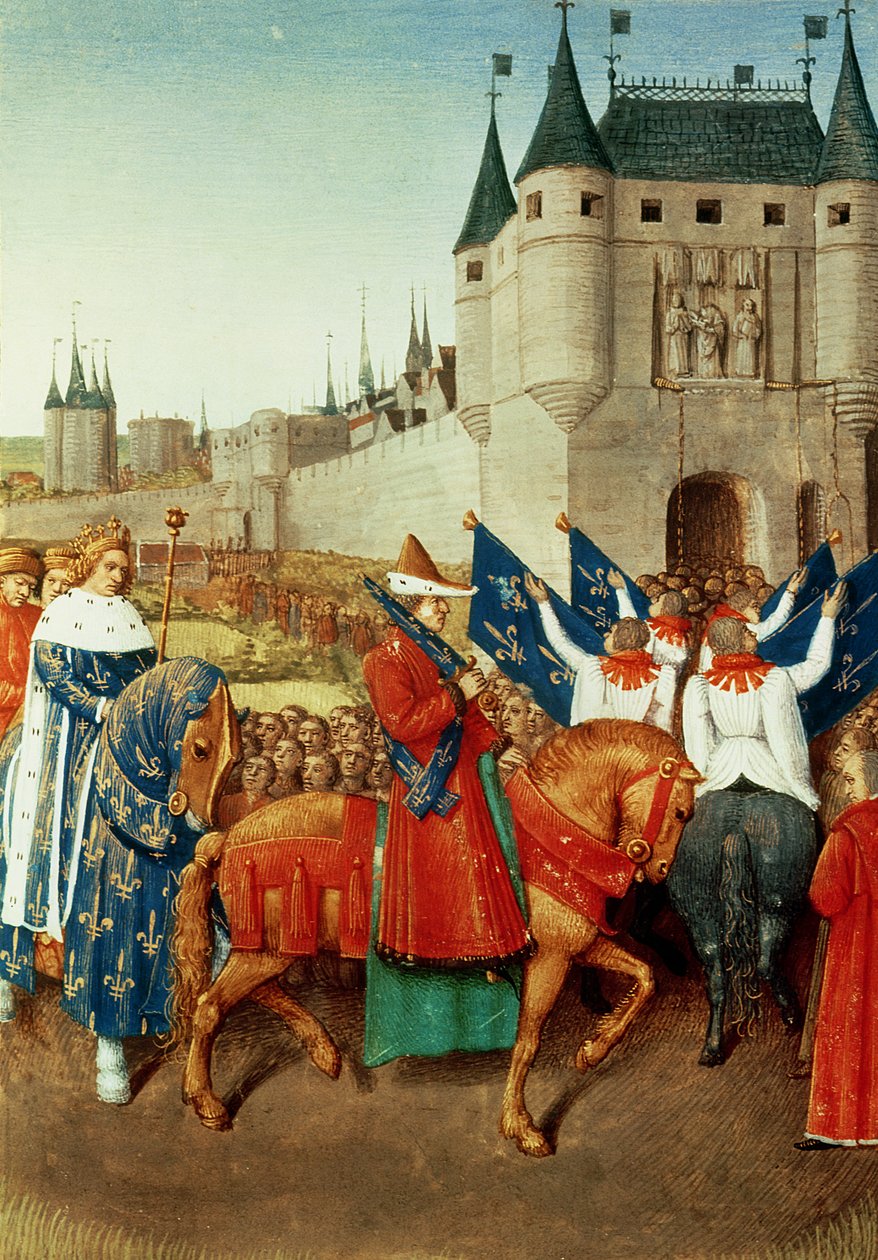 Ms 6465 f.417 Ankomsten af Charles V (1337-80) i Paris, 28. maj 1364, ca. 1460 af Jean Fouquet