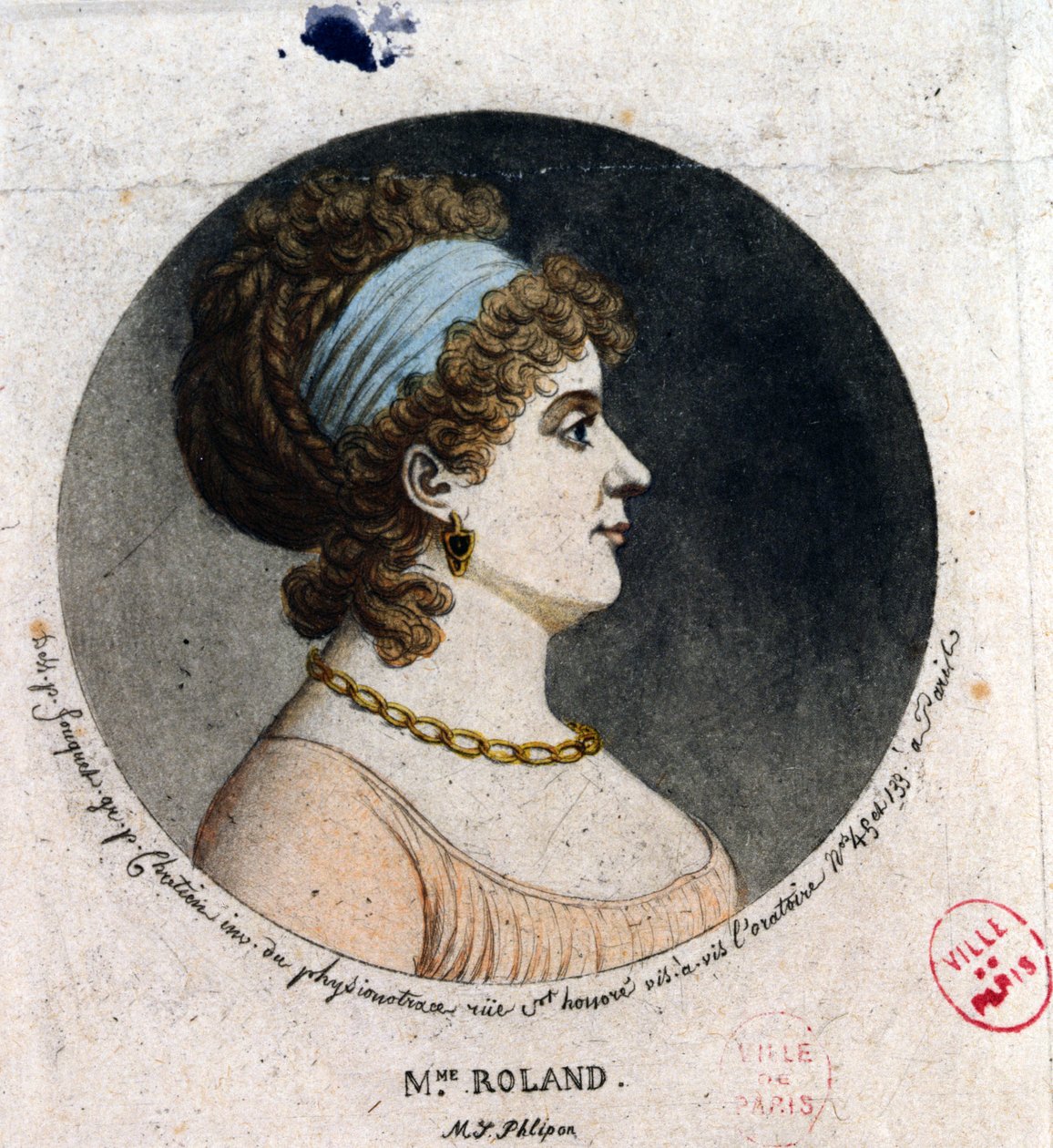 Portræt af Madame Roland (1754-93) lavet efter physionotrace-metoden (farvegravering) af Jean Fouquet