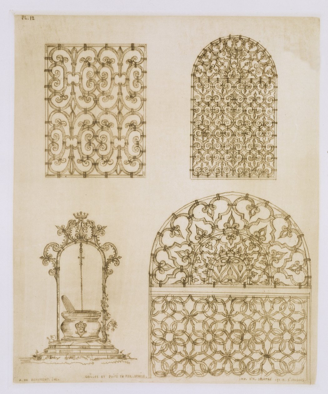 Islamiske jernværksgitre til vinduer og brønde, fra "Art and Industry", udgivet af Delatre, Paris, Paris, 1857 af Jean Francois Albanis de Beaumont
