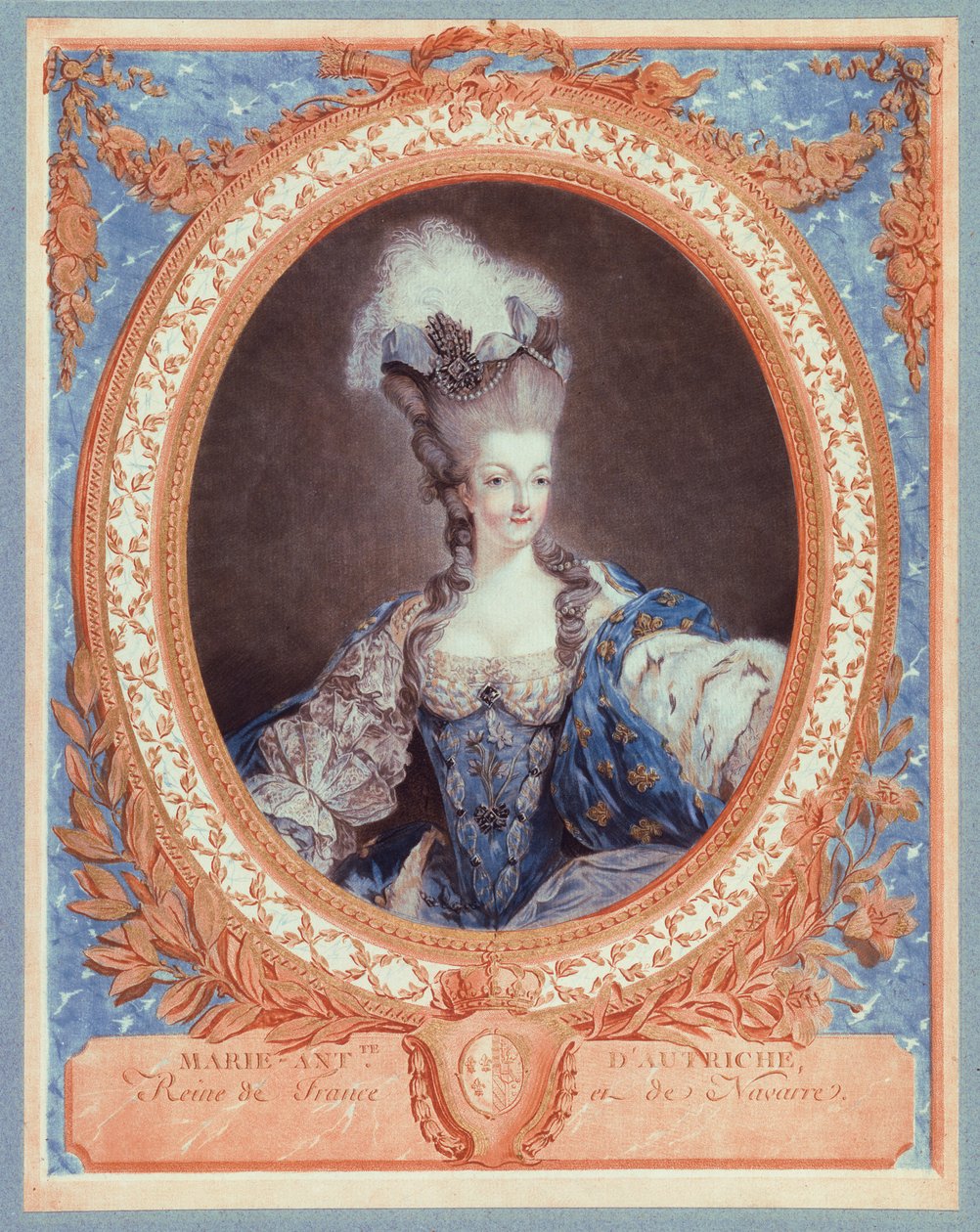 Marie Antoinette, dronning af Frankrig og Navarra (akvatint i farver) af Jean Francois Janinet