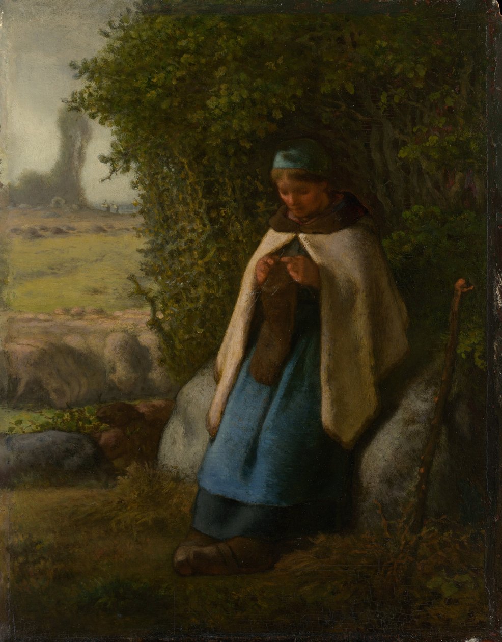 Hyrdeinde siddende på en klippe af Jean Francois Millet