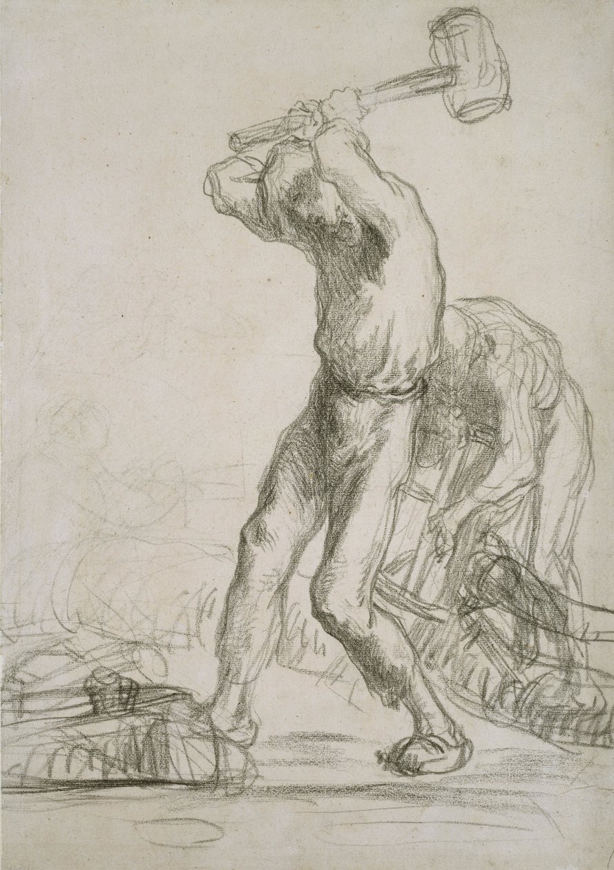 To bønder, der saver og kløver træ (sort kridt på papir) af Jean Francois Millet