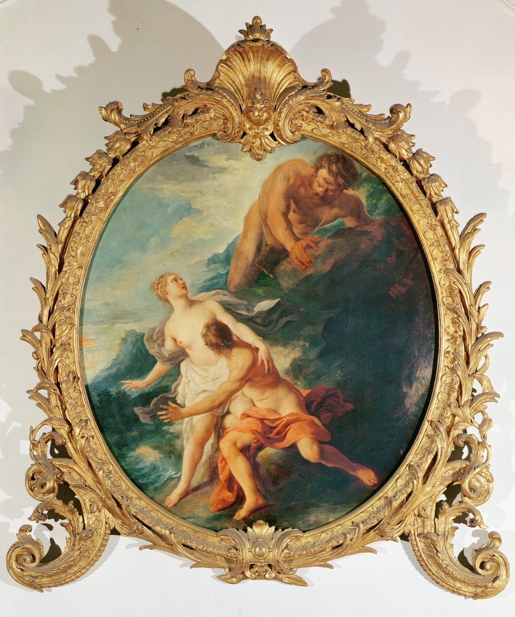 Polyphemus overrasker Acis og Galatea ved at kaste en sten efter dem af Jean François de Troy