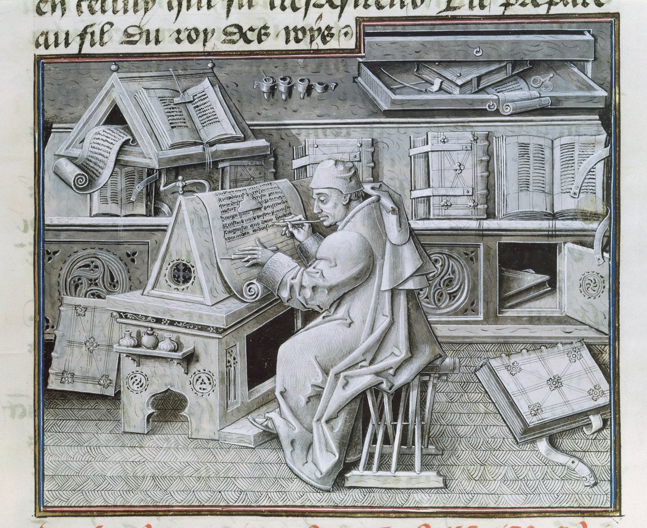 Ms 9198 f.19 Afskriveren Jean Mielot (fl.1448-68), der arbejder i sit scriptorium, fra 