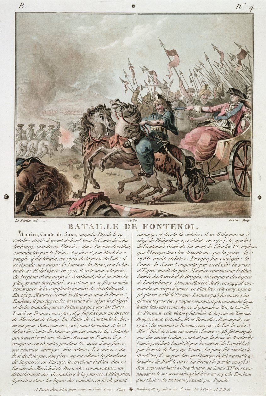 Slaget ved Fontenoy, 1745, indgraveret af Louis Le Coeur (fl.1780-1800), 1787 af Jean Jacques Francois Le Barbier