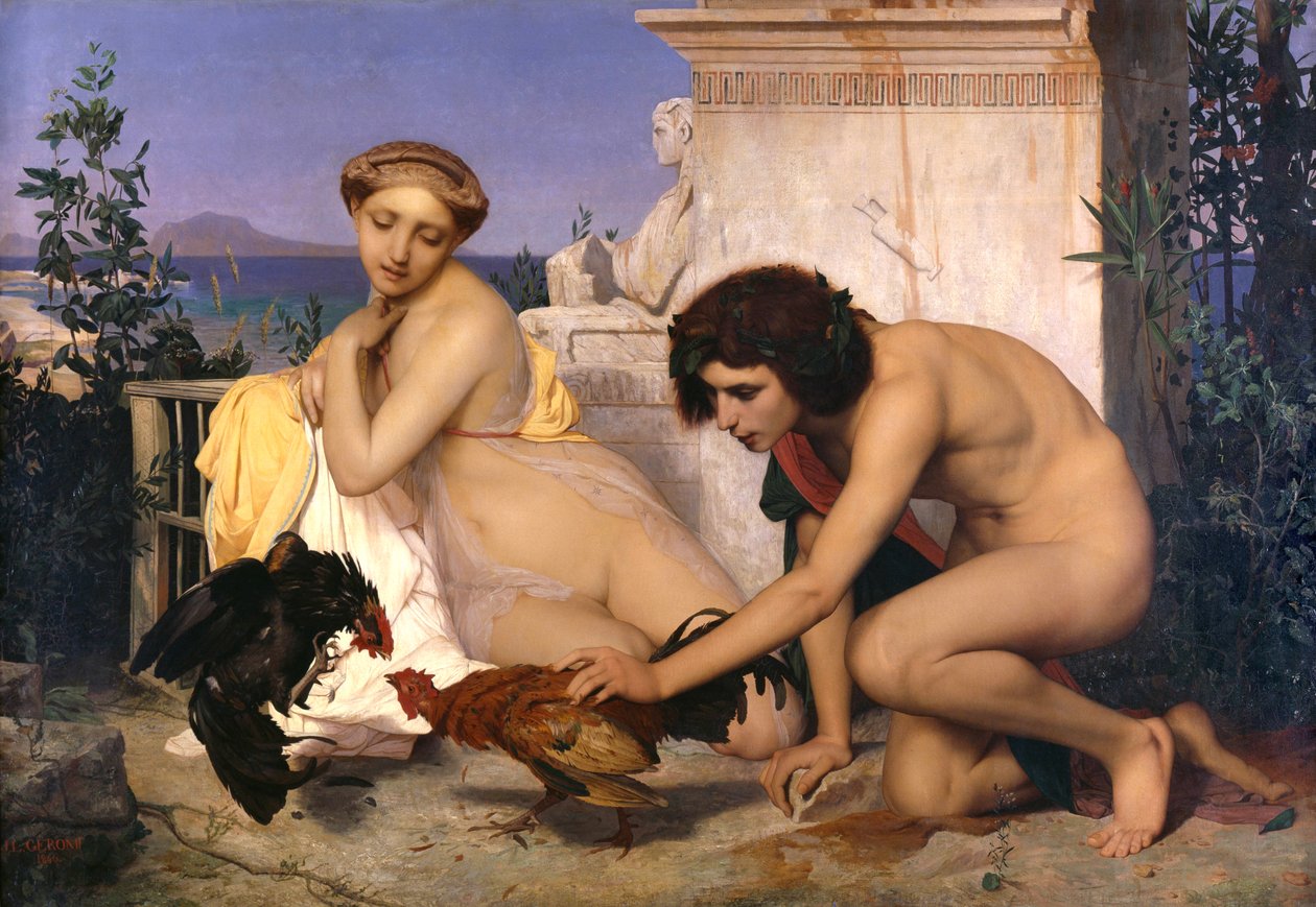 Unge grækere deltager i en hanekamp af Jean Leon Gerome