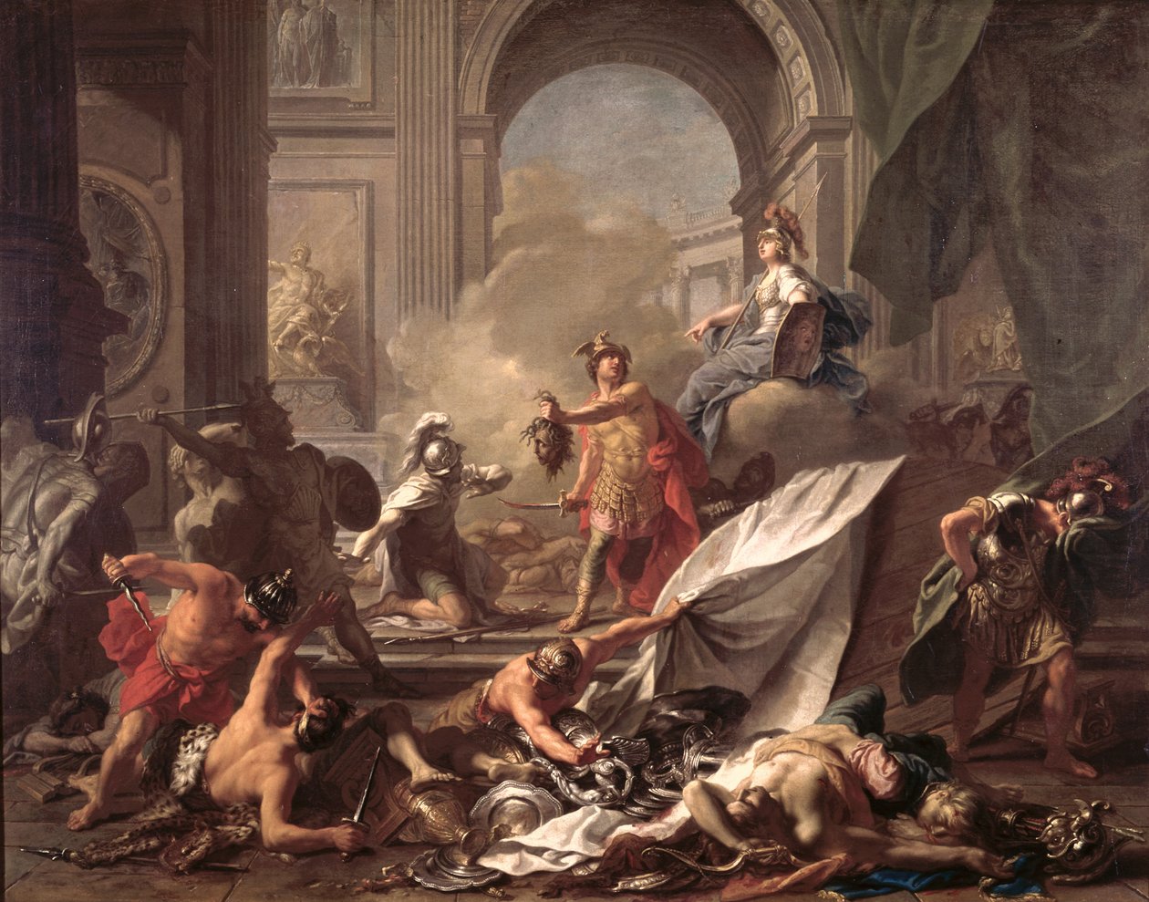 Perseus, under Minervas beskyttelse, forvandler Phineus til sten ved at vifte med hovedet af Medusa af Jean Marc Nattier