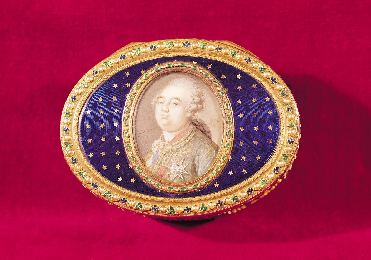 Snusæske med en portrætminiature af Louis XVI (1754-93) på elfenben af Pierre Noel Violet (1749-1819) 1780 (guld, emalje, perler og smaragder) af Jean Nicolas Meuniere