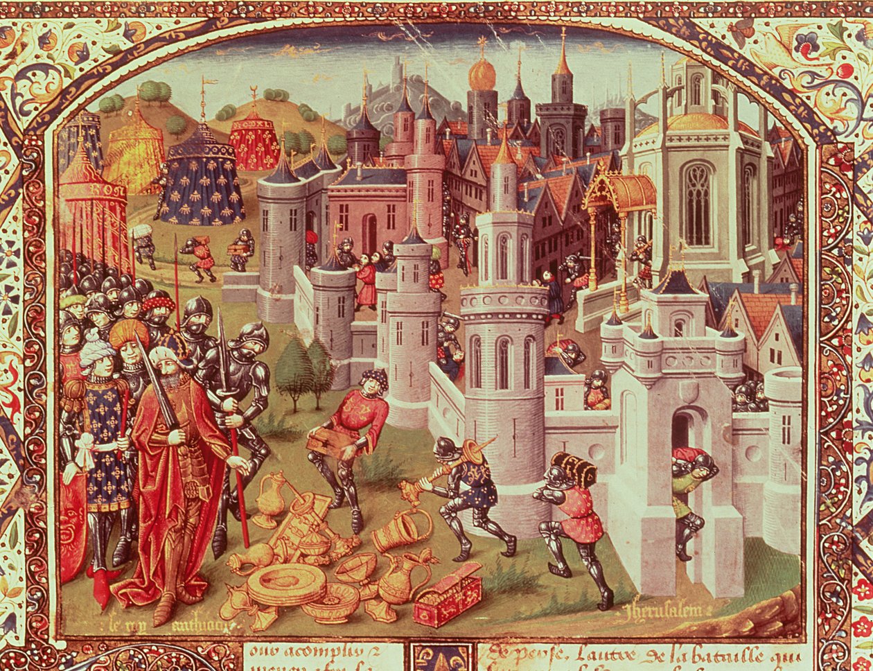 Fr.20124 f.331 Plyndringen af Jerusalem efter de kristnes tilfangetagelse i 1099, belyst miniature fra en universel krønike, 1440 af Jean de Courcy
