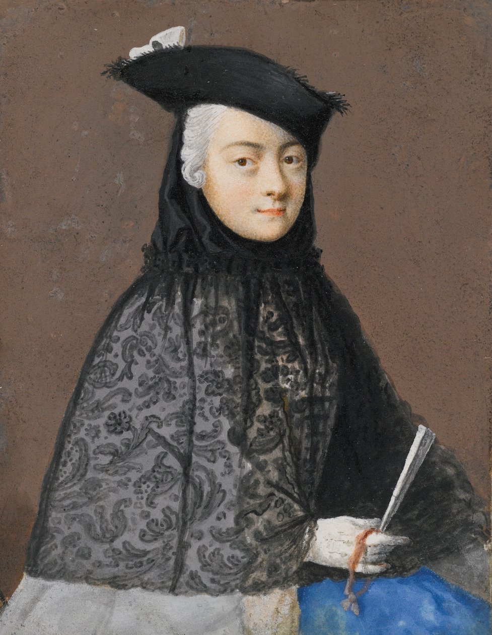 Portræt af en siddende dame i et venetiansk karnevalskostume, der holder en ventilator af Jean Étienne Liotard
