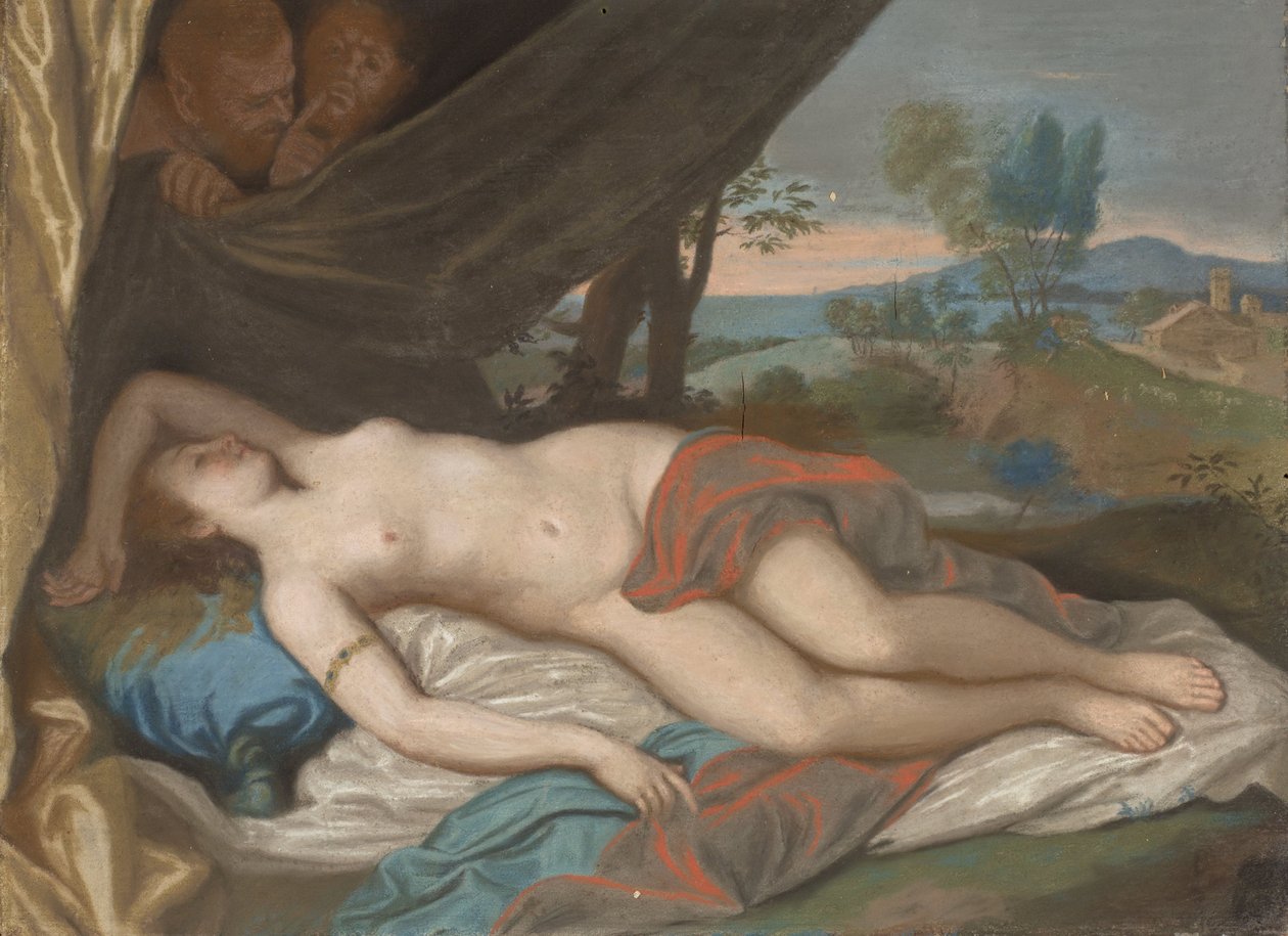 Sleeping Nymph Spied upon by Satyrs, 1756-88 (pastel på panel) af Jean Étienne Liotard