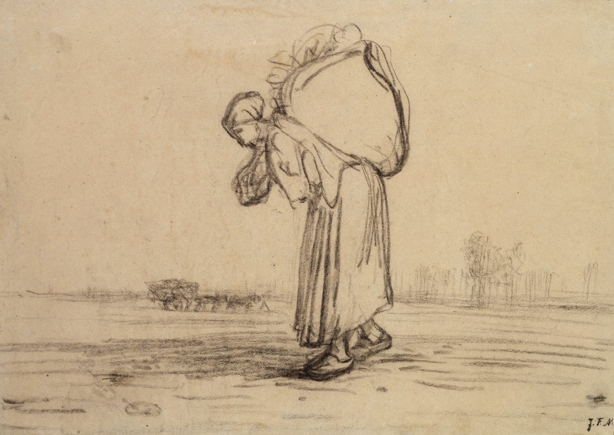 Kvinde bærer en sæk på ryggen (sort farveblyant på papir) af Jean Francois Millet