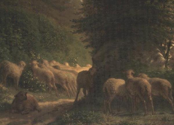 Får græsser langs et levende hegn af Jean Francois Millet