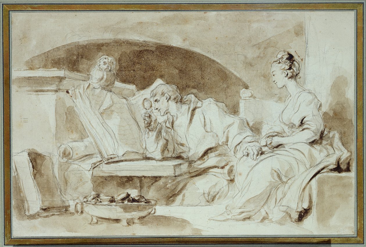 Ung kvinde konsulterer en Necromancer (sepiavask på papir) af Jean Honore Fragonard