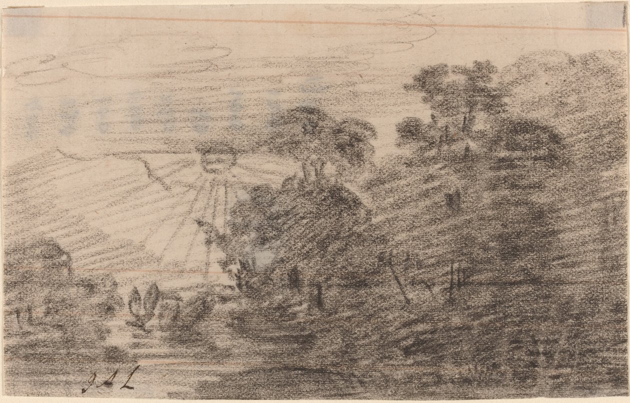 Solnedgang over en bjergsø af Jean Antoine Linck