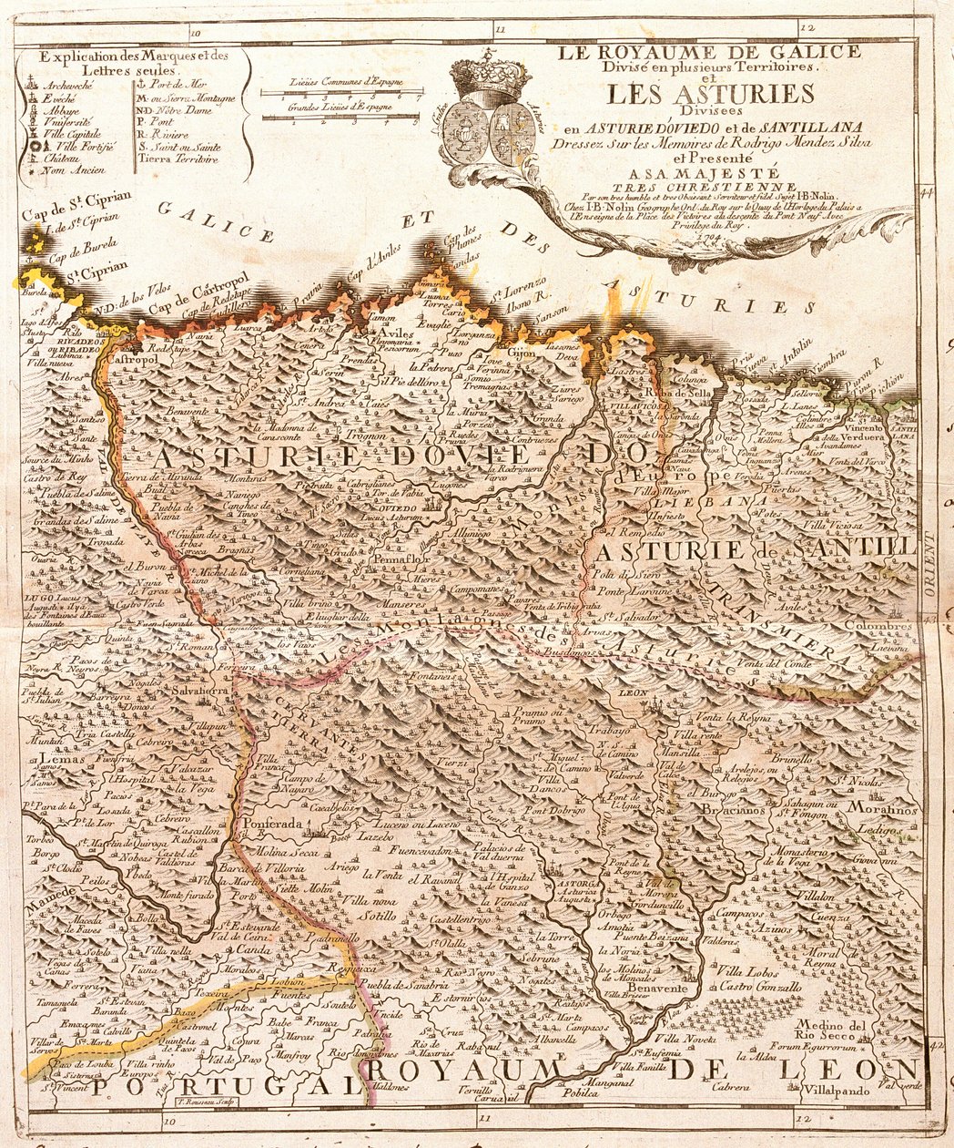 Kort over Asturien (Spanien) (gravering af Jean Baptiste Nolin
