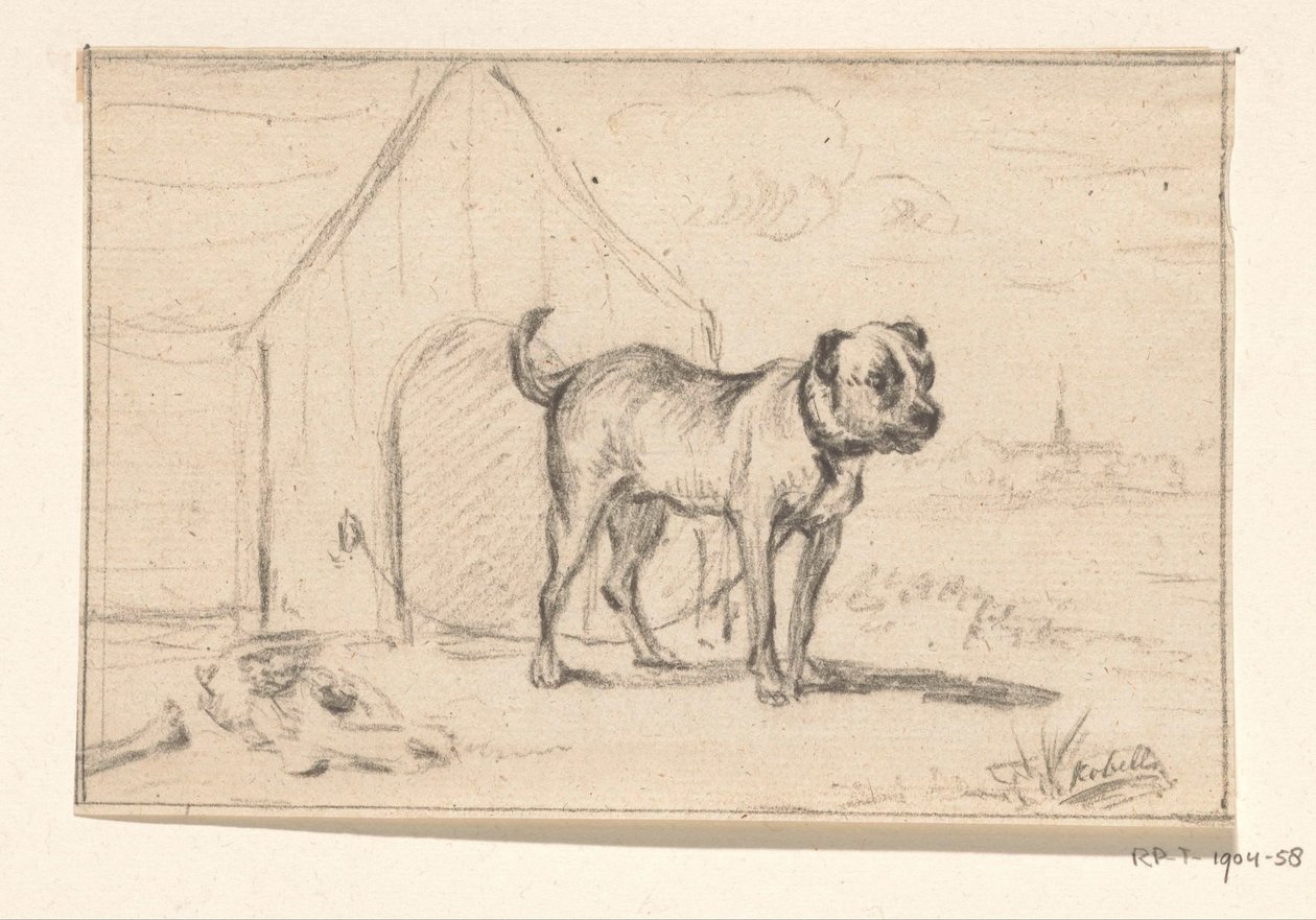 Hund i snor, der står foran sin kennel af Jean Bernard