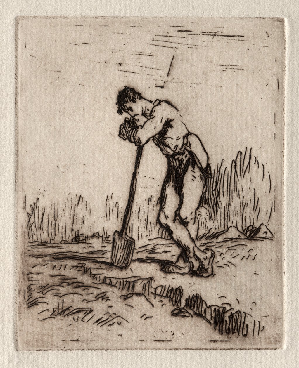 Mand læner sig op ad en spade af Jean Francois Millet