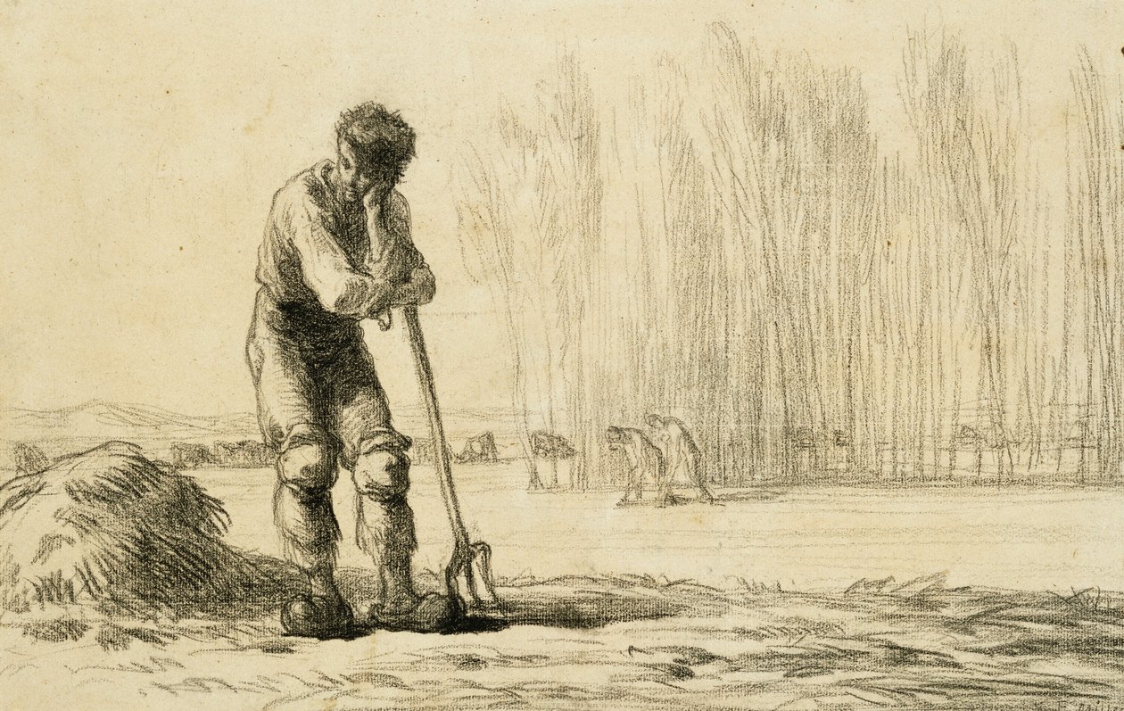 Bonde læner sig op af en højgaffel, af Jean Francois Millet