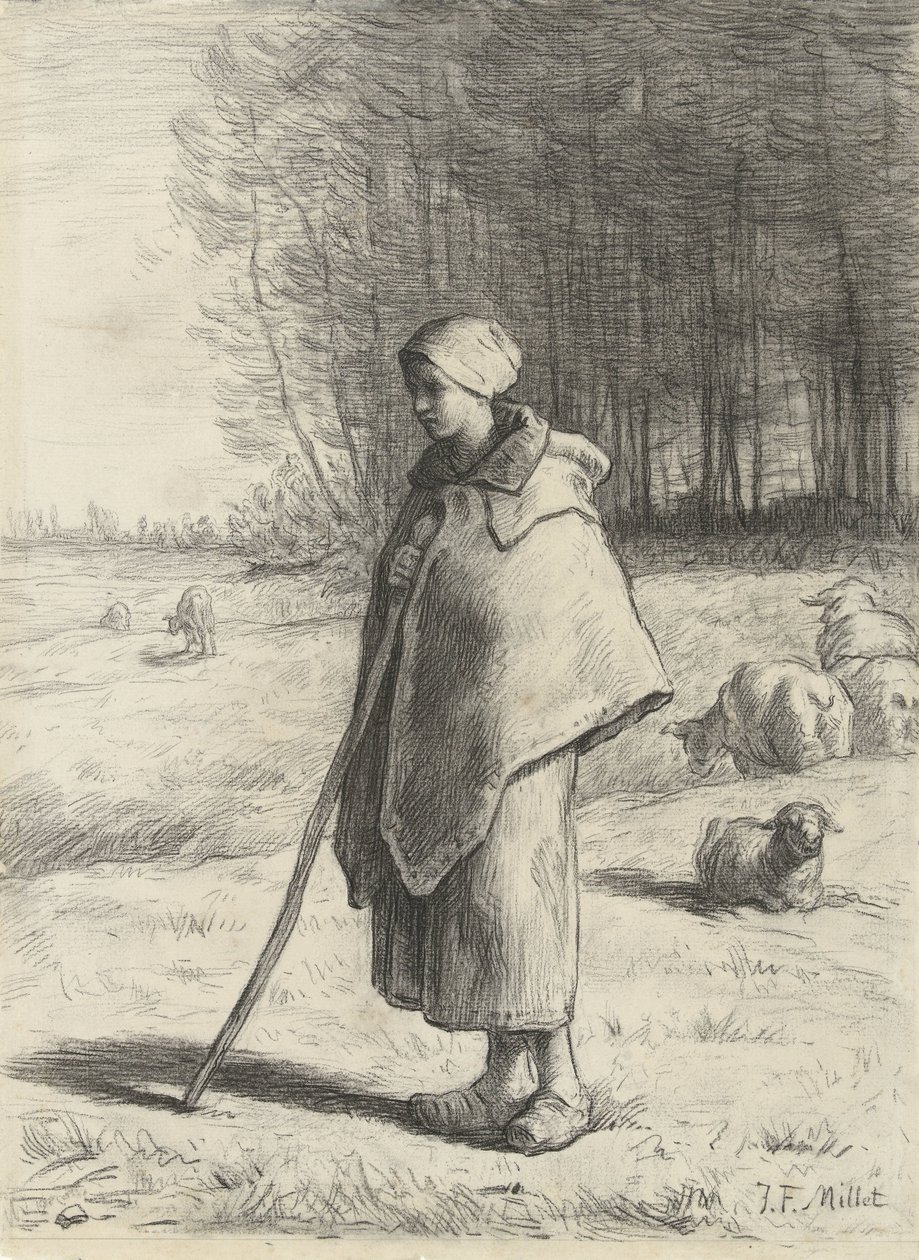 Hyrdinde læner sig op ad en pind af Jean Francois Millet