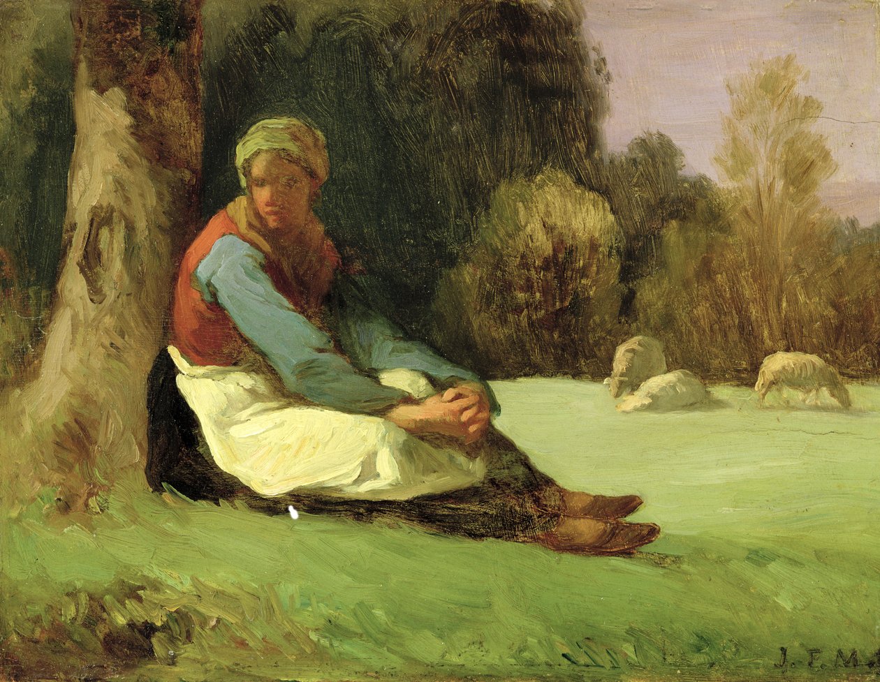 Siddende hyrdinde (olie på plade) af Jean Francois Millet