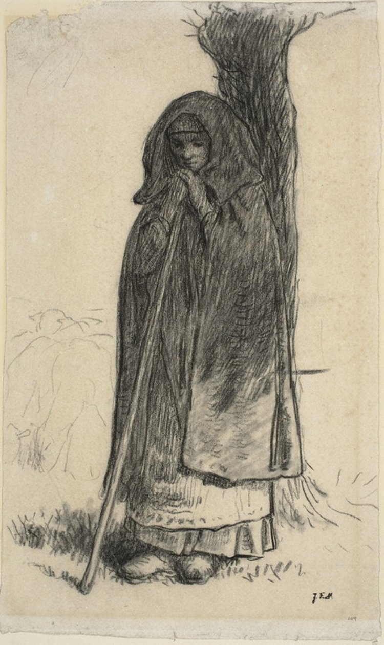 Hyrdinde læner sig op ad et træ af Jean Francois Millet
