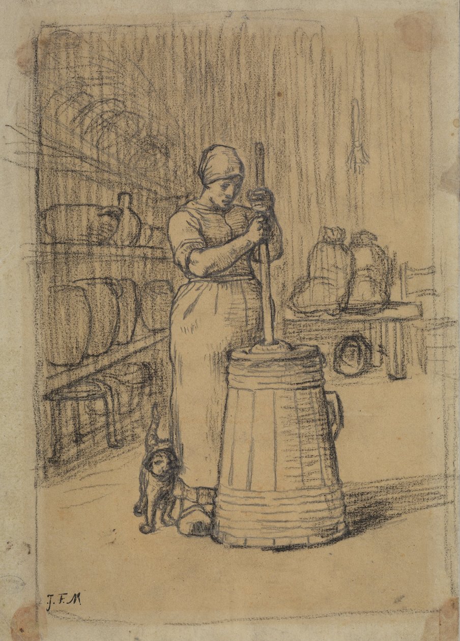 Undersøgelse af en kvinde, der kærner smør af Jean Francois Millet