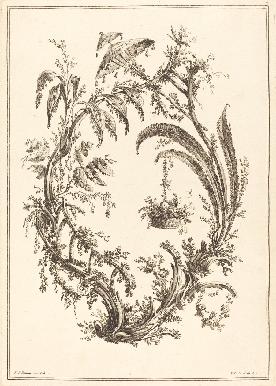 Ornament med parasol og hængende kurv. af Jean Jacques Avril