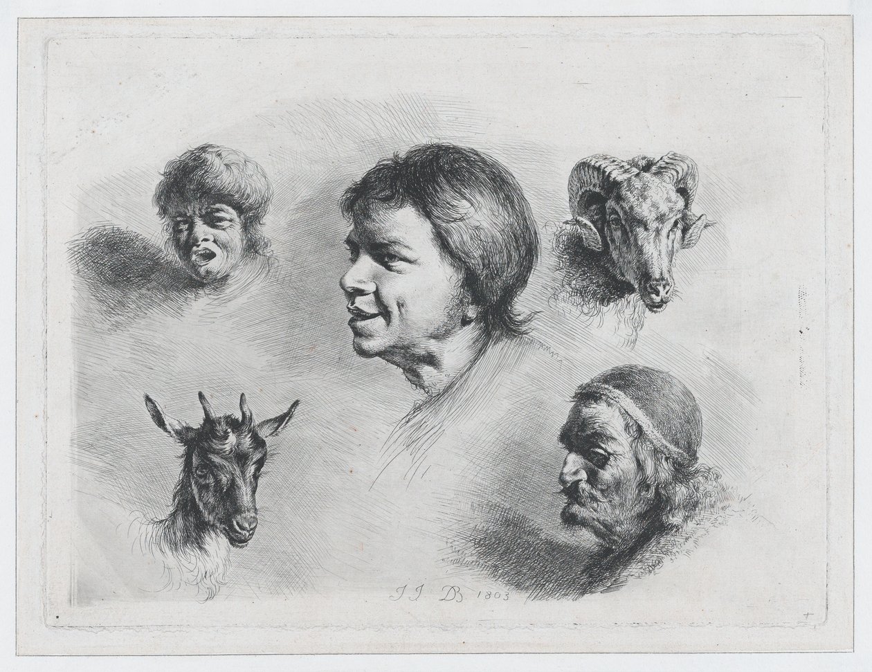 Studie af fem hoveder, 1803. af Jean Jacques de Boissieu