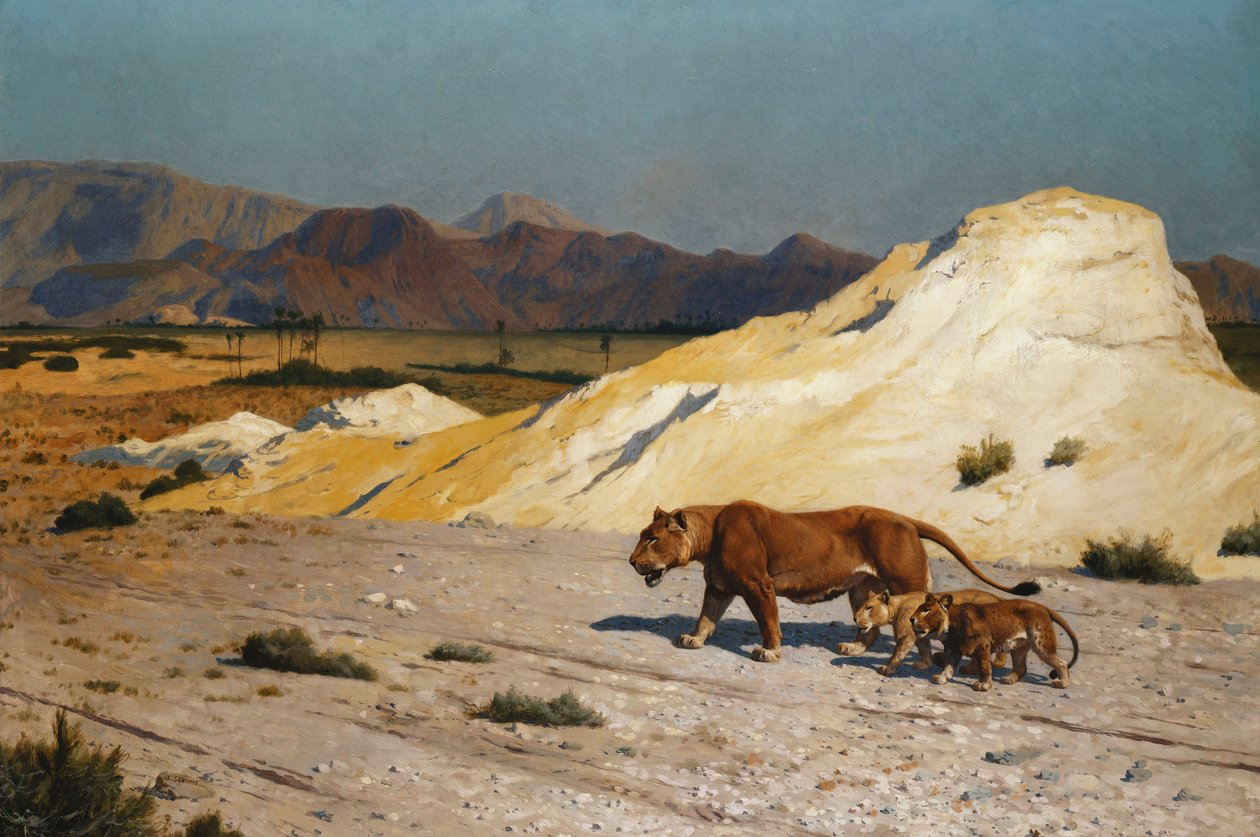 Løvinde og unger; Løvinde og løvinde, af Jean Leon Gerome
