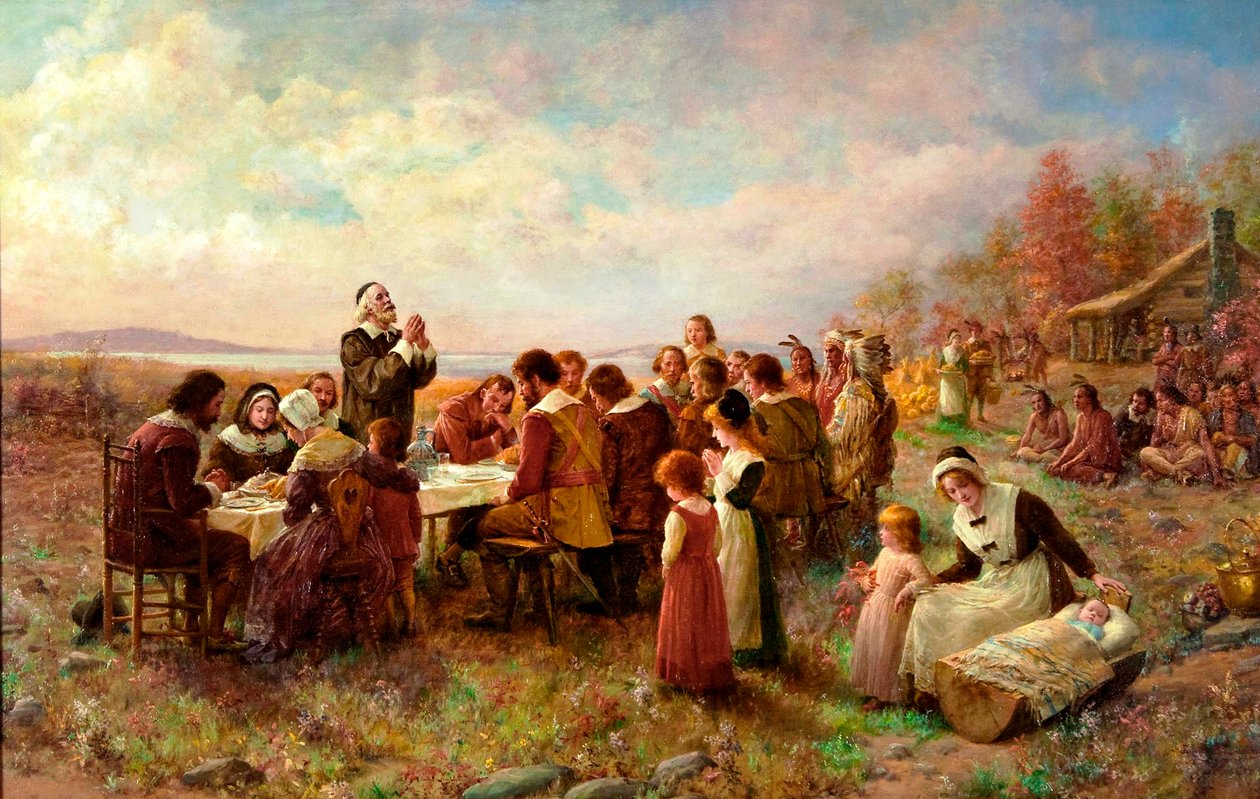 Den første Thanksgiving i Plymouth, 1914. af Jennie Augusta Brownscombe