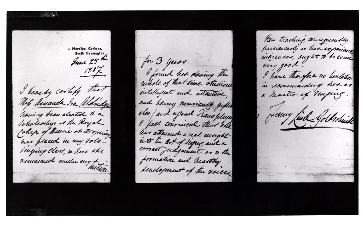 Signeret brev, 1887 (pen og blæk på papir) (bw foto) af Jenny Lind