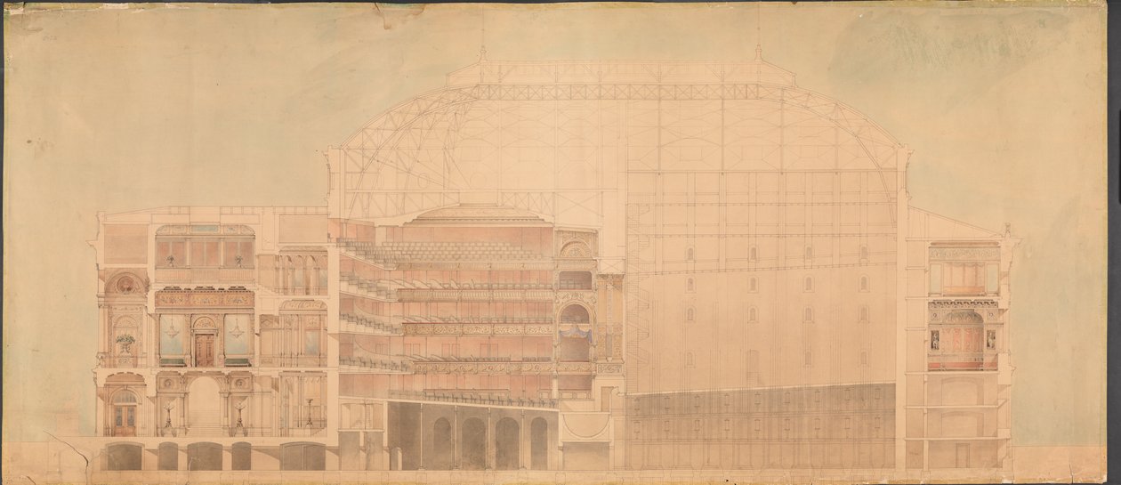 Det Kgl. Teater 1874. Længdesnit af Jens Vilhelm Dahlerup