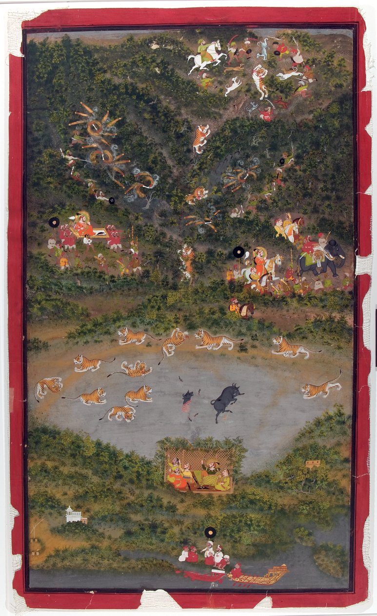 Maharana Jagat Singh II jagttiger, 1749 (ugennemsigtig wc og guld på papir) af Jiva