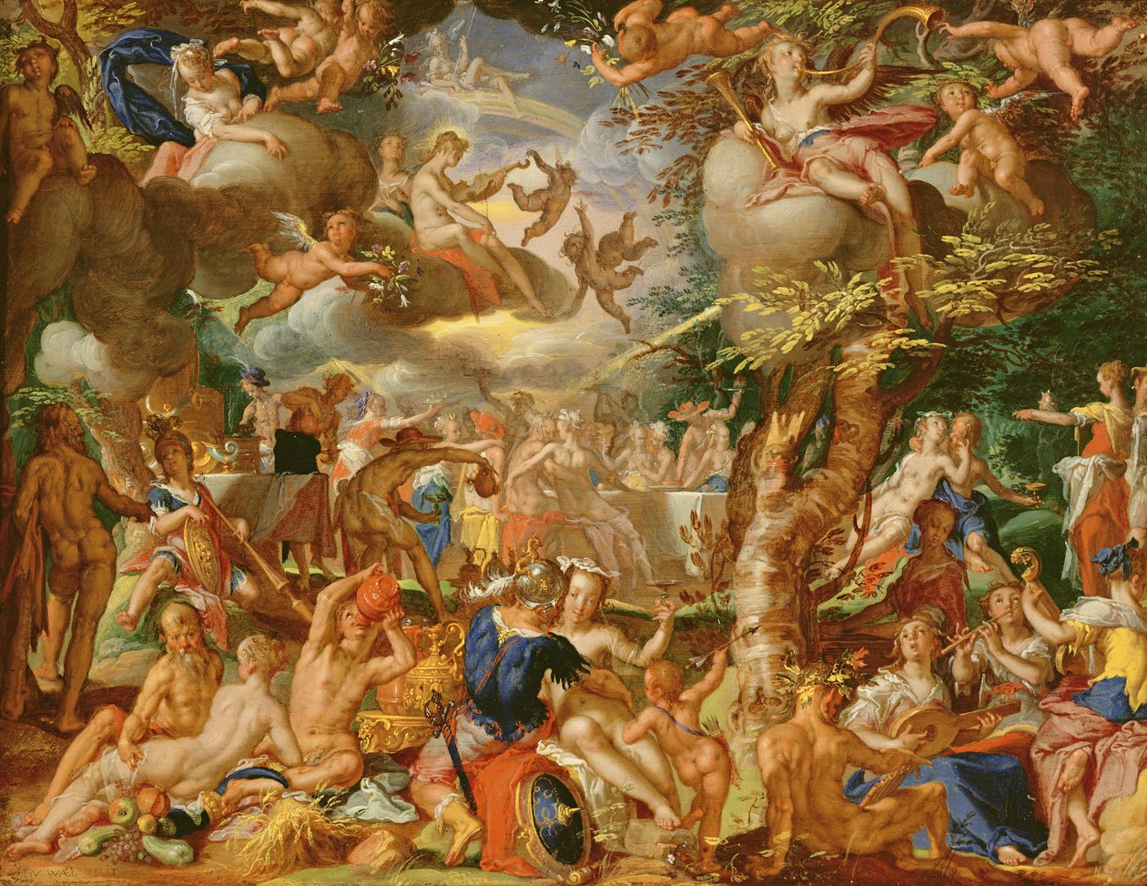 Amor og Psyches bryllup (olie på kobber) af Joachim Wtewael or Utewael